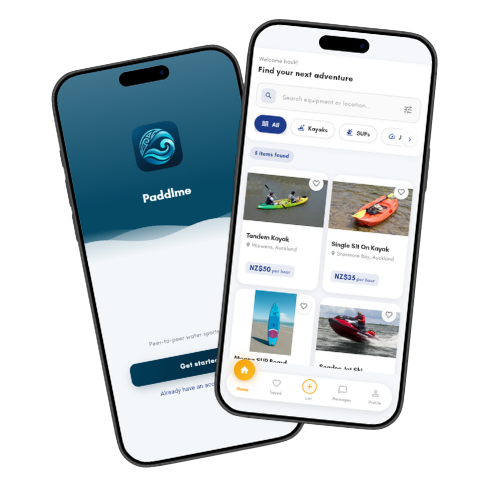 Paddlme app showing kayak, SUP and jet ski listings available for hire nearby